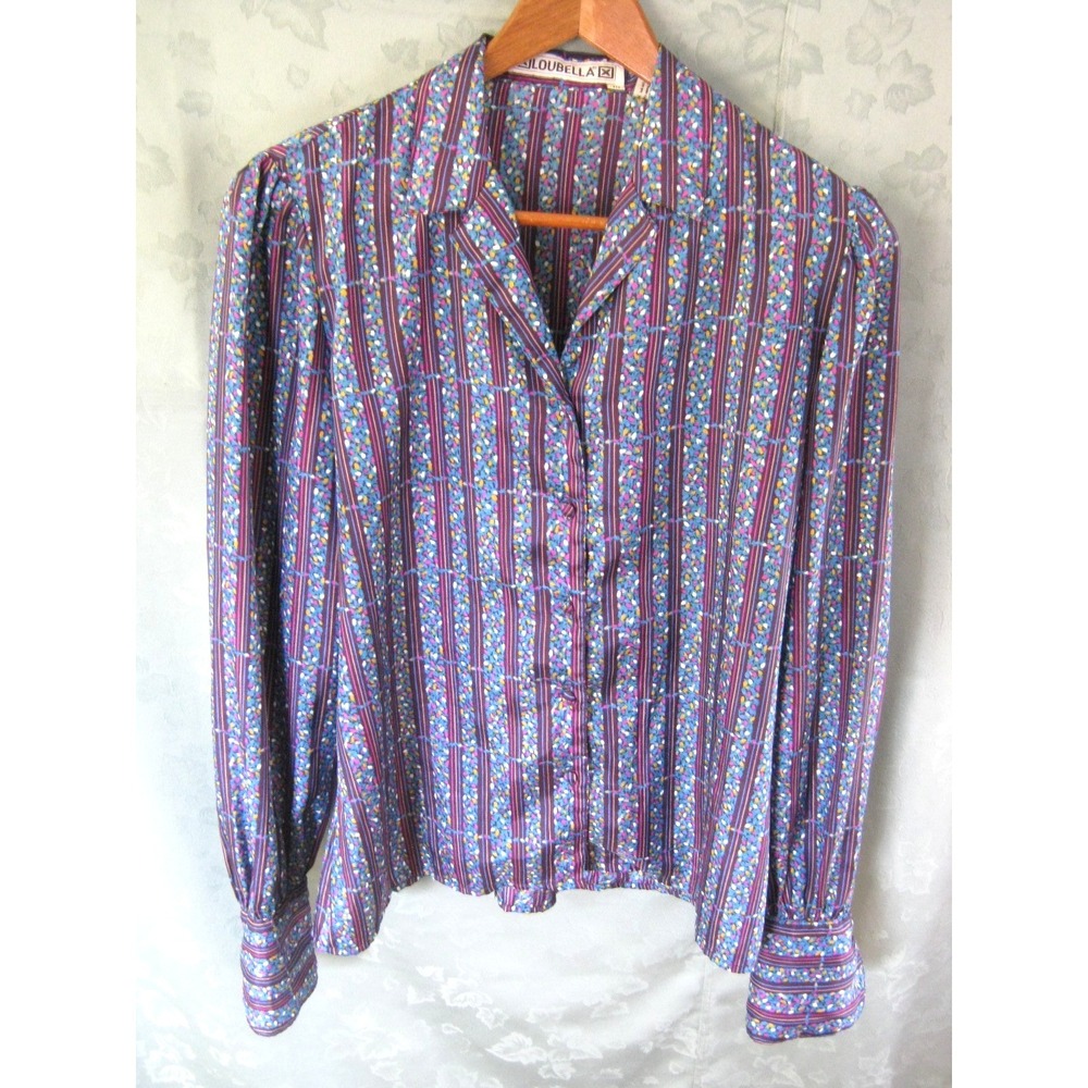 Vintage 70's Loubella Blouse Size 10 Floral & Stripe Print Top Turnback Cuff